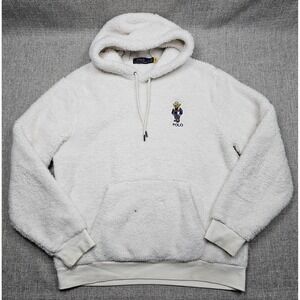 Polo Ralph Lauren Hoodie Mens Large White Polo Bear Sherpa Fleece Pullover